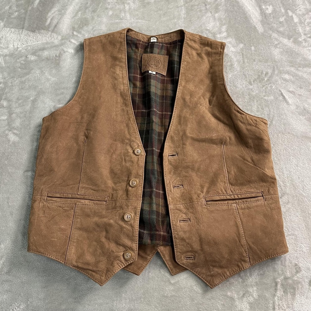 Green Fields Vest Mens Medium Brown Leather Plaid Lined Belted Western Workwear